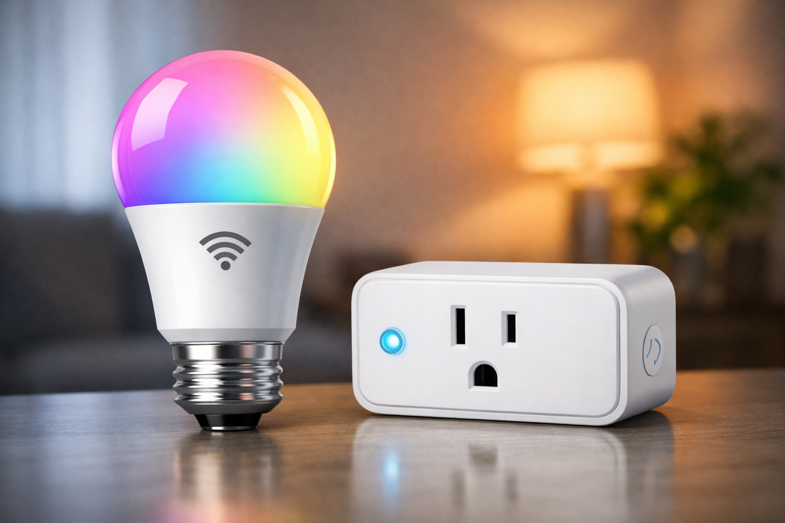 Smart Bulb and plug displayed on a table
