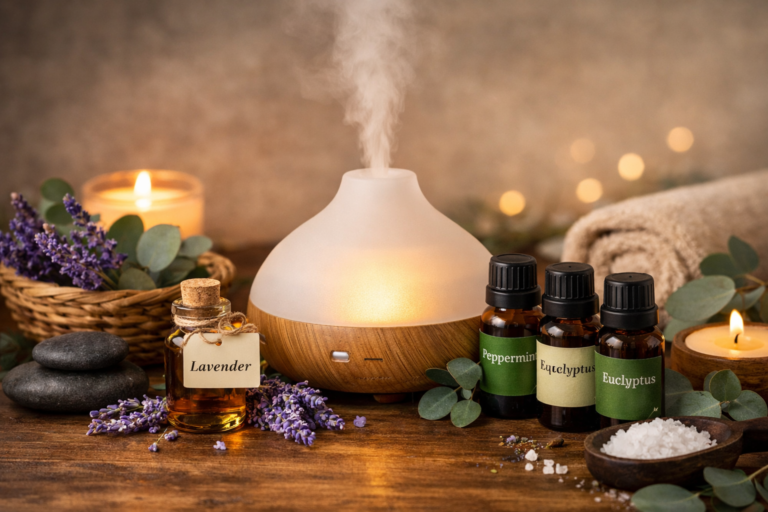 Aromatherapy setup with an essential oil diffuser emitting mist, surrounded by lavender, eucalyptus, amber oil bottles, candles, massage stones, and bath salts on a wooden surface
