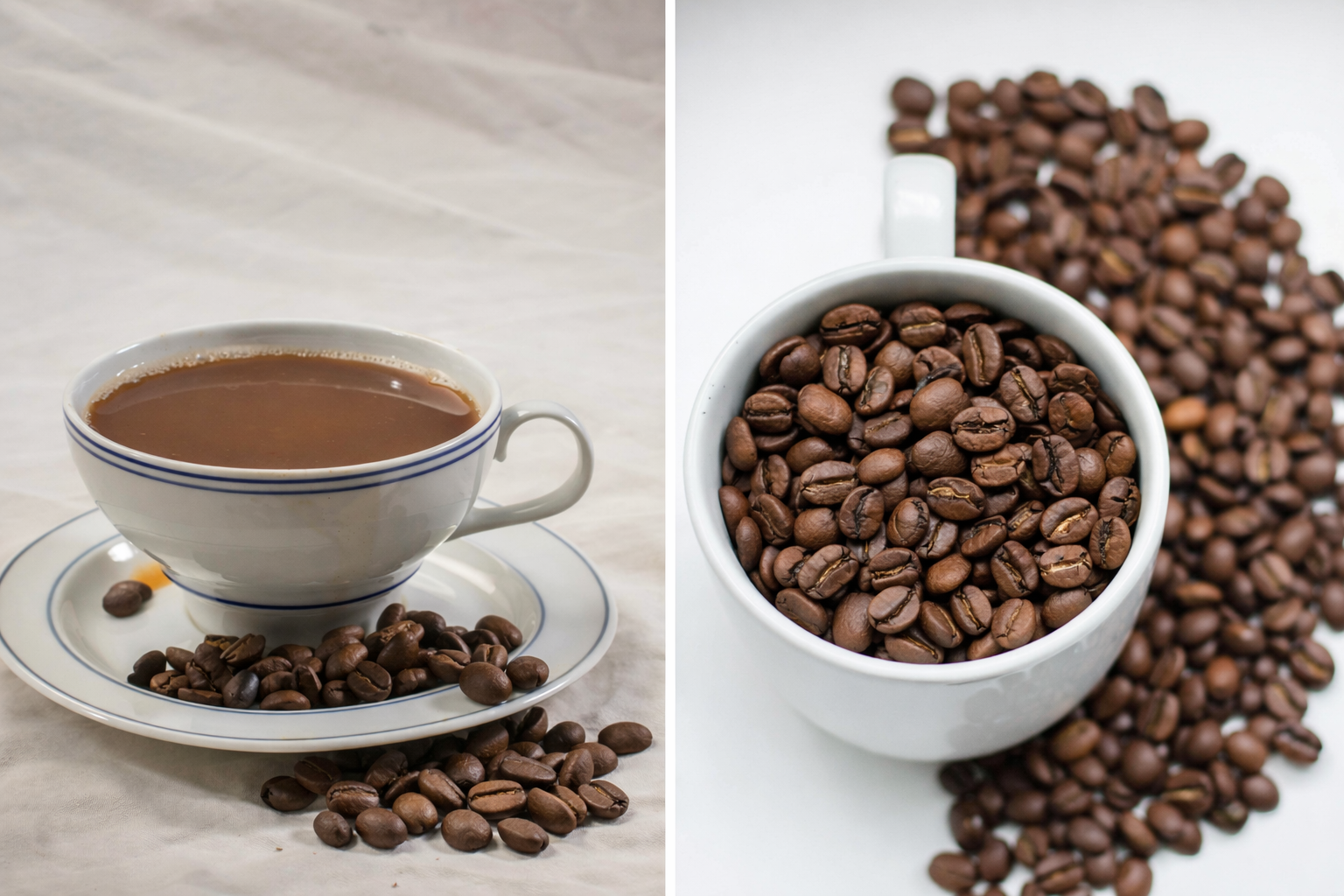 Coffee Beans in a cup and a cup of coffee.