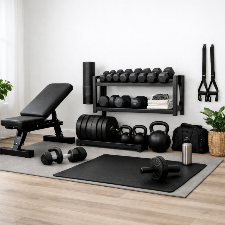 Home gym displaying various dumbles and other equipment