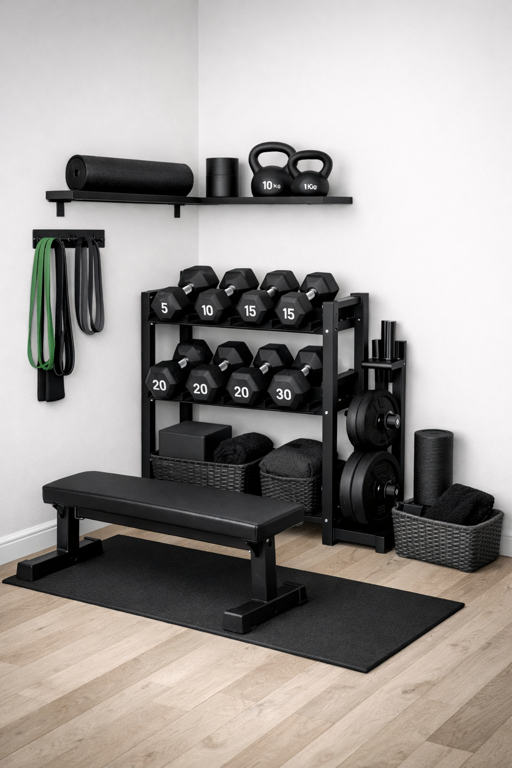 Corner rack with Dumbbells and stretch bands on th wall