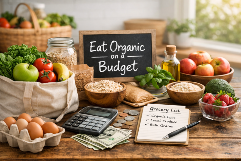 Organic eating on a budget setup featuring fresh produce, pantry staples, a grocery list, and a calculator arranged