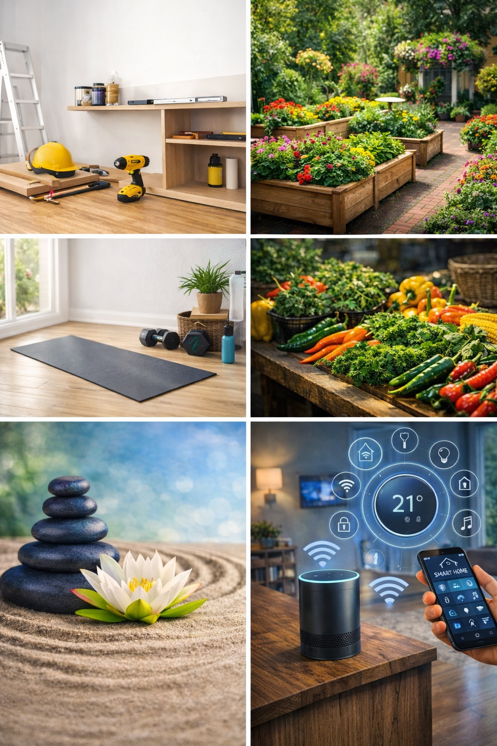 Vertical collage of six bright lifestyle photos showing home improvement tools on a white wall workspace, a colorful outdoor garden with raised flower beds, a minimalist home gym with mat and dumbbells, fresh vegetables on a rustic table, stacked black stones with a lotus flower, and smart home technology with a phone and voice assistant