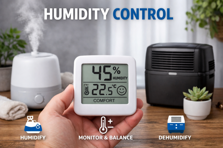 Hand holding a digital hygrometer reading 45% humidity and 22.5°C, with a humidifier and dehumidifier on a wooden surface in the background, illustrating indoor humidity control.