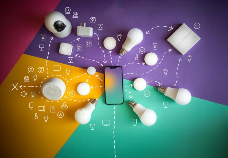 A smartphone surrounded by smart home devices . for Smart Home Automation