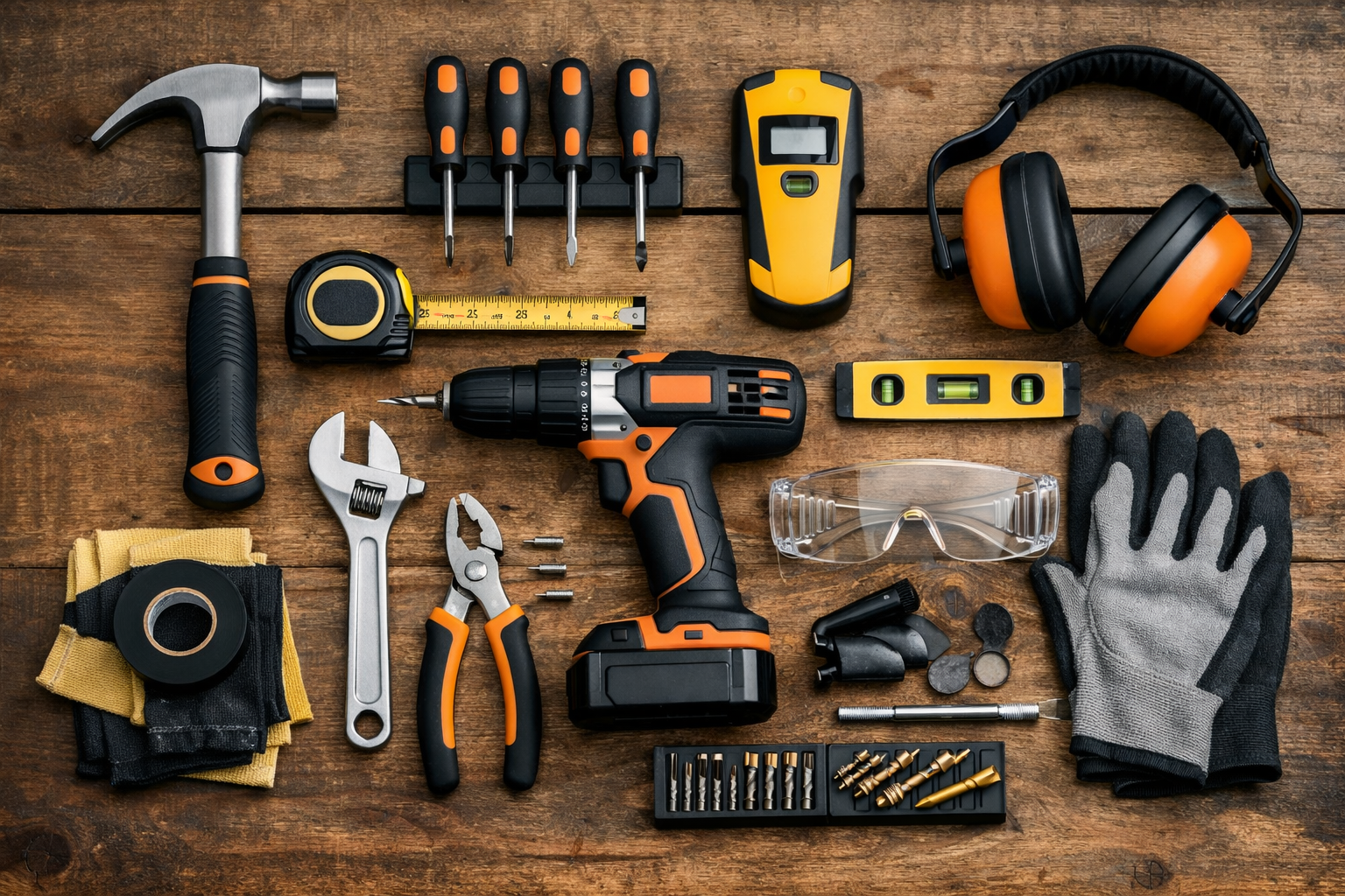Power Tool like drill displayed on the wooden table with battery and other protective gear like gloves