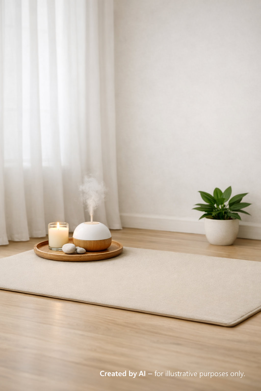 Minimalist zen meditation setup with beige yoga mat, candle, essential oil diffuser emitting mist, and green plant in soft natural light — a calm scene symbolizing meditation for stress relief.