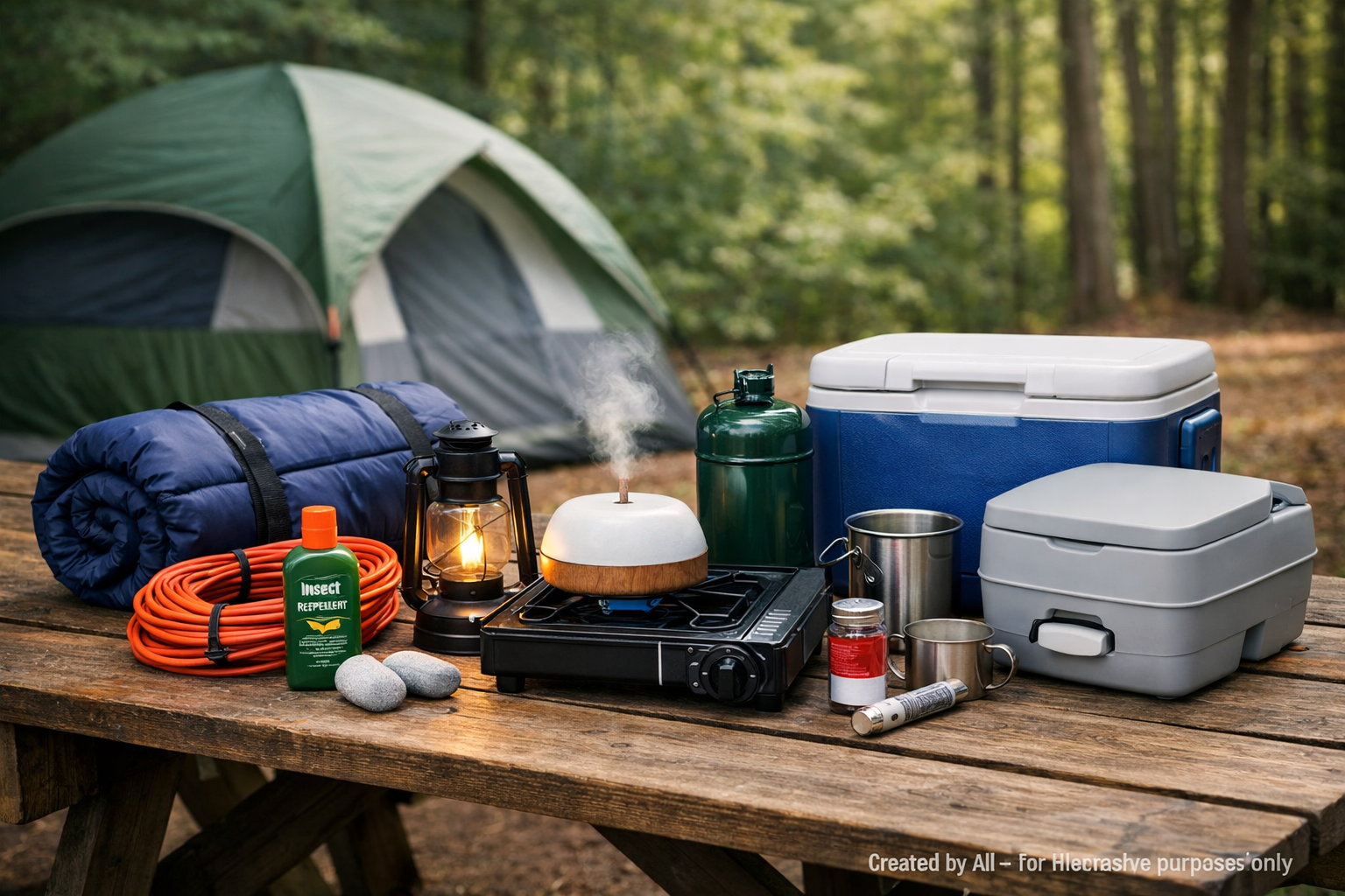 Outdoor Camping Gear Essentials displayed on a wooden picnic table at a forest campsite, including a tent, sleeping bag, cooler, stove with propane cylinder, porta‑potty, lantern, extension cords, and mosquito repellent.