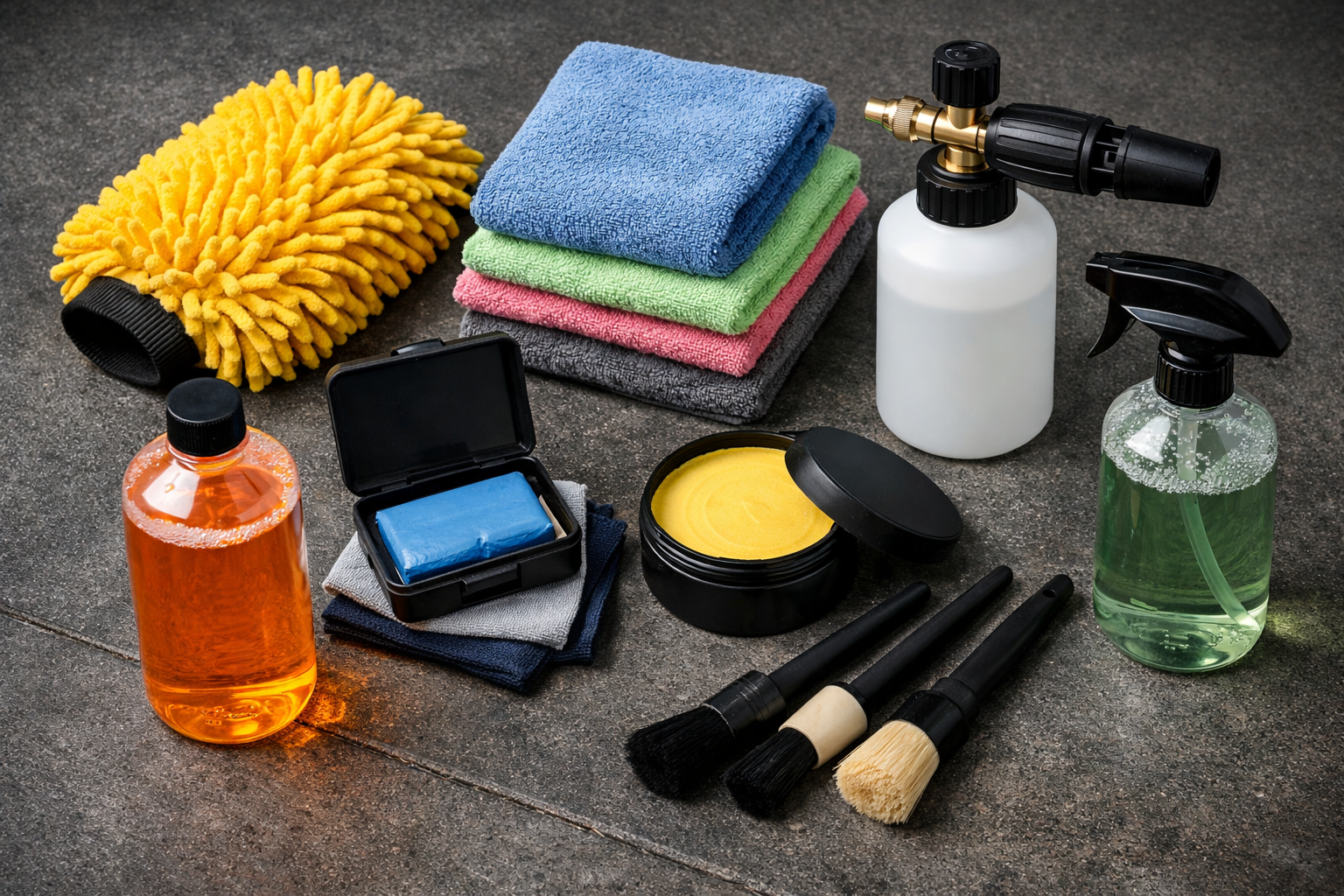 Car cleaning essentials flat lay including microfiber wash mitt, towels, foam cannon, pH-neutral car wash soap, clay bar kit, car wax, detailing brushes, and all-purpose cleaner arranged on a dark grey garage floor