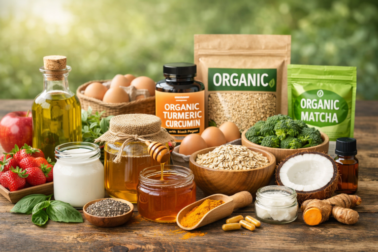 A variety of natural foods including strawberries, apples, oats, broccoli, eggs, chia seeds, turmeric, coconut, honey, yogurt, olive oil, and organic wellness products arranged on a wooden surface with a soft outdoor background