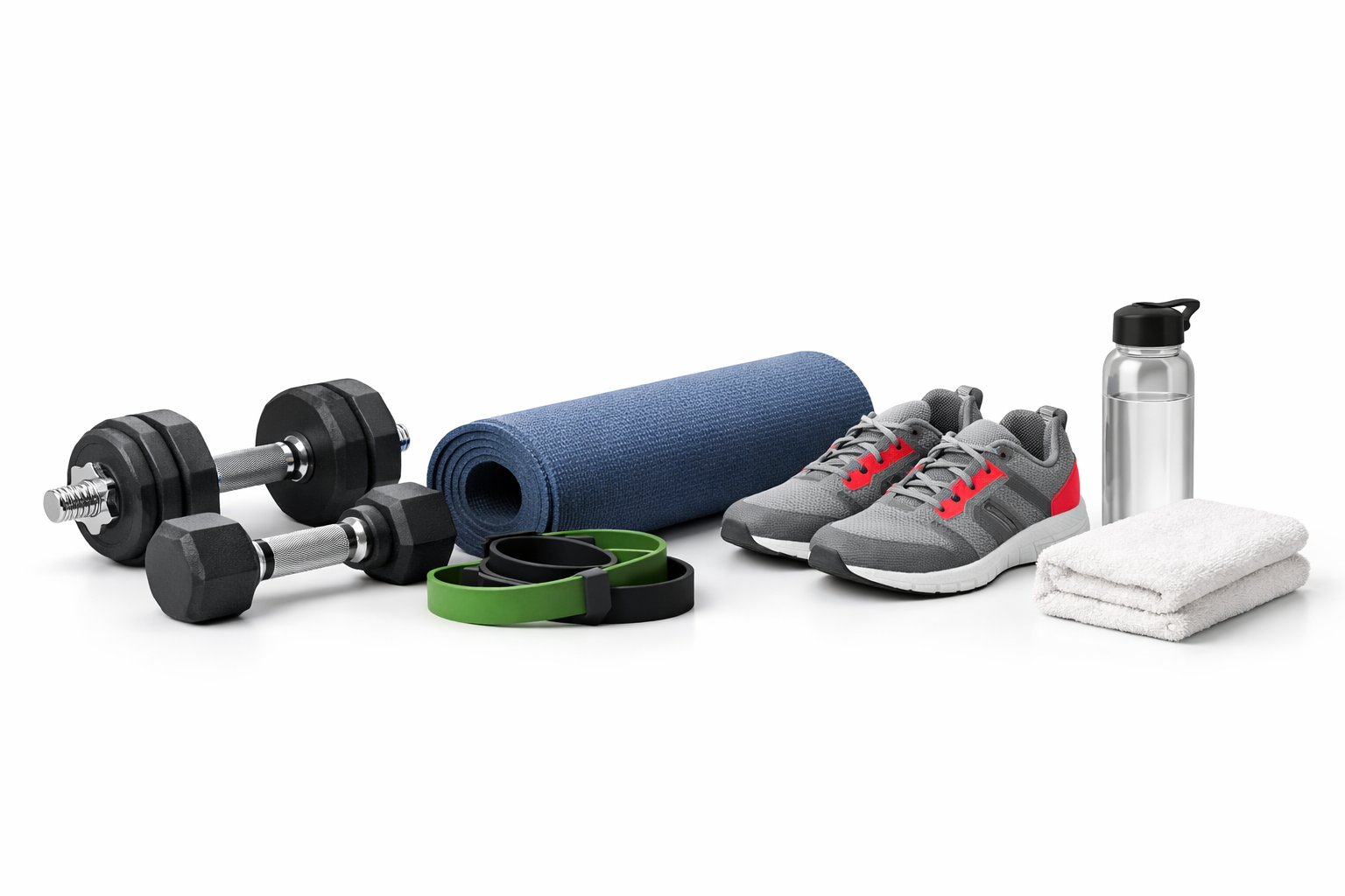 Home workout equipment arranged on a white surface, including dumbbells, a rolled blue exercise mat, resistance bands, athletic shoes, a water bottle, and folded towels