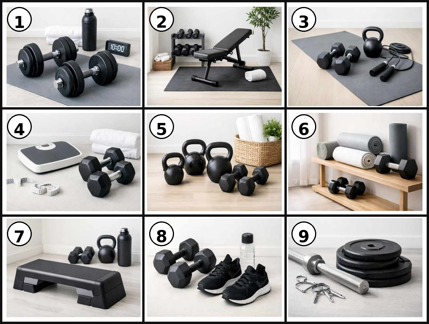 Collage of nine home workout setups including dumbbells, kettlebells, a weight bench, a jump rope, a scale, yoga mats, athletic shoes, and a barbell, showing different types of home exercise equipment