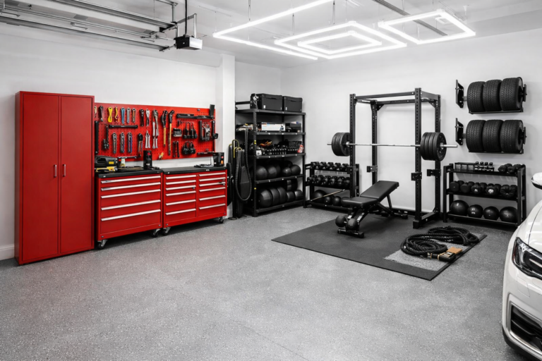 A bright, organized garage with tool cabinets, pegboards, a power rack, dumbbells, kettlebells, and neatly arranged storage.