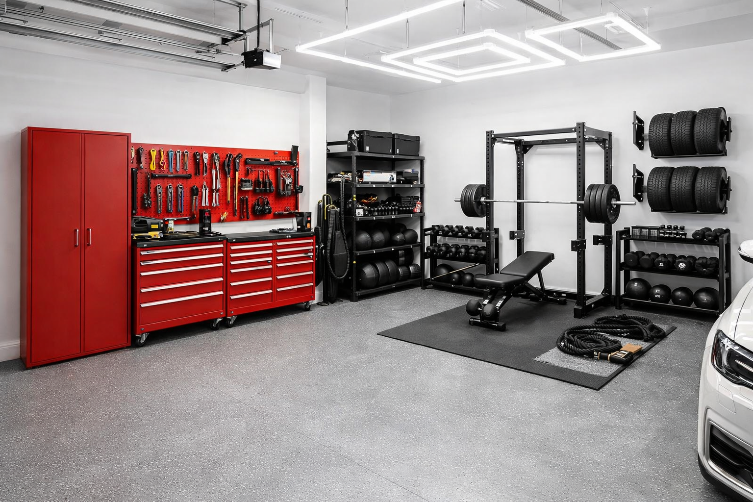 A bright, organized garage with tool cabinets, pegboards, a power rack, dumbbells, kettlebells, and neatly arranged storage.
