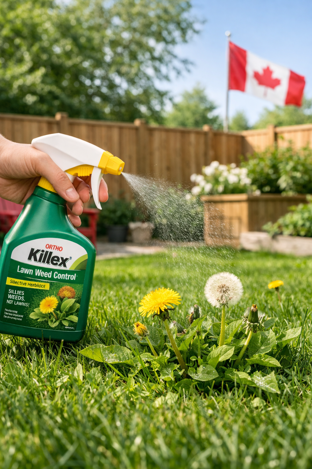 A bright Canadian backyard scene showing Weed Control in Canada in action — a hand spraying Ortho Killex Lawn Weed Control onto dandelions in a lush green lawn, with a Canadian flag and garden fence in the background under natural daylight.
