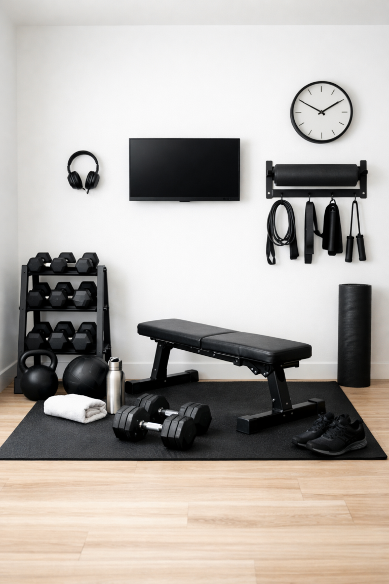 Minimalist home gym setup in a small bright room with light wood flooring, black dumbbells on a compact rack, adjustable bench on a black mat, and wall‑mounted storage for resistance bands and foam roller