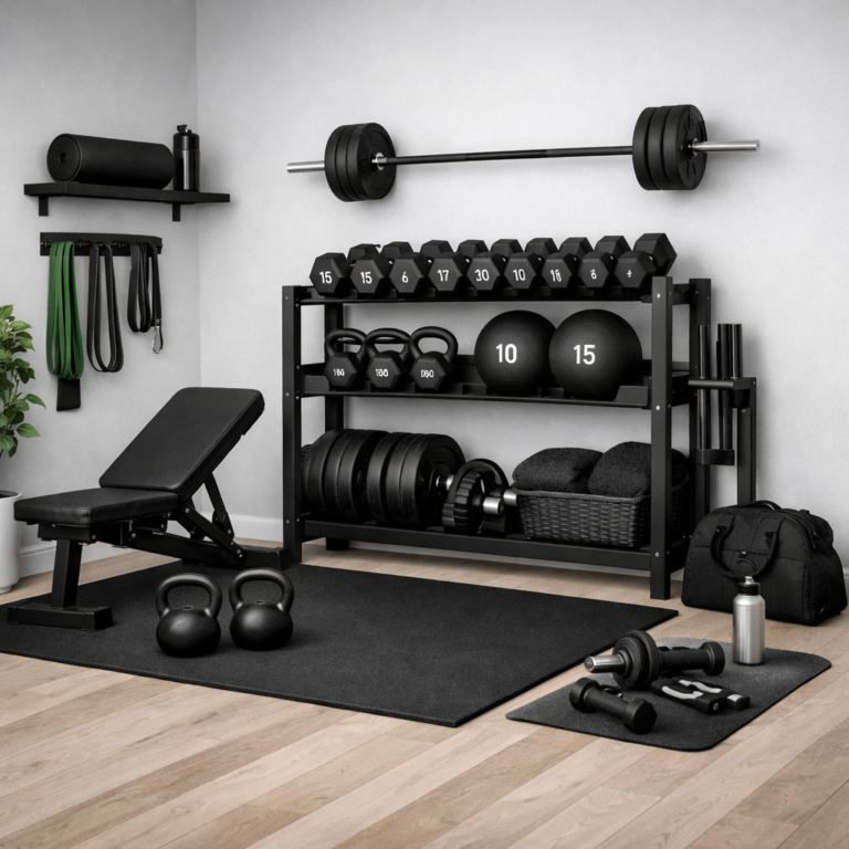 A modern home gym corner designed for Home Workout Motivation, featuring an adjustable black bench, dumbbell rack, kettlebells, resistance bands, barbell, and foam rollers neatly arranged against a light grey wall with wooden flooring.