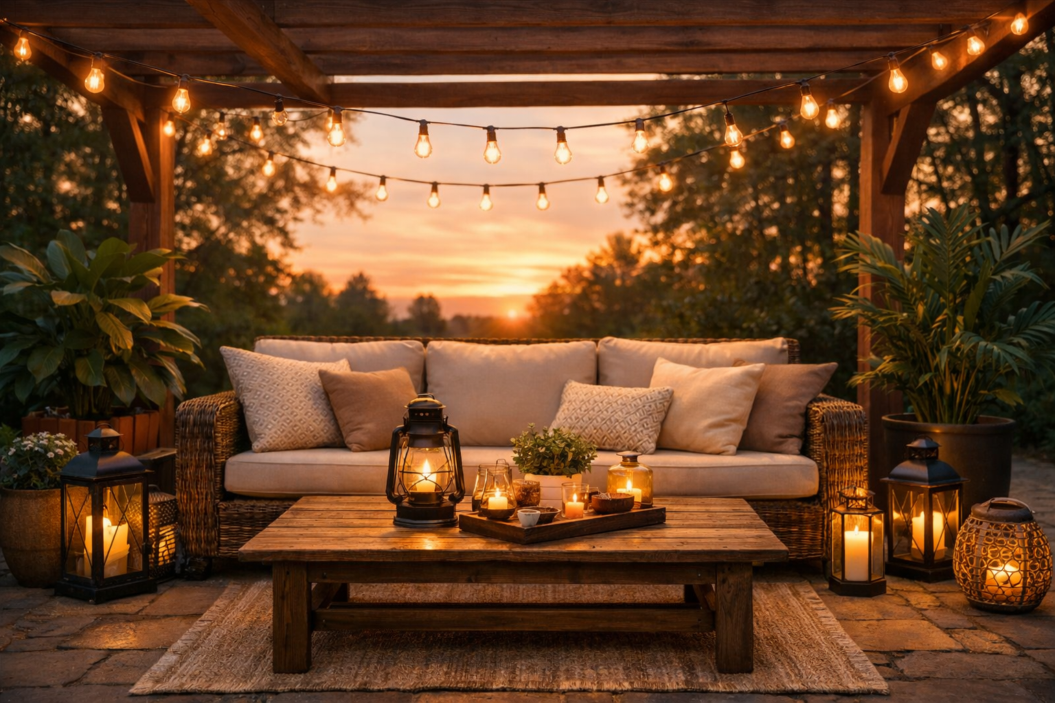 Outdoor Patio furniture, décor, and styling ideas featuring a rattan sofa with beige cushions, wooden coffee table, lanterns, potted plants, and string lights under a pergola at sunset.