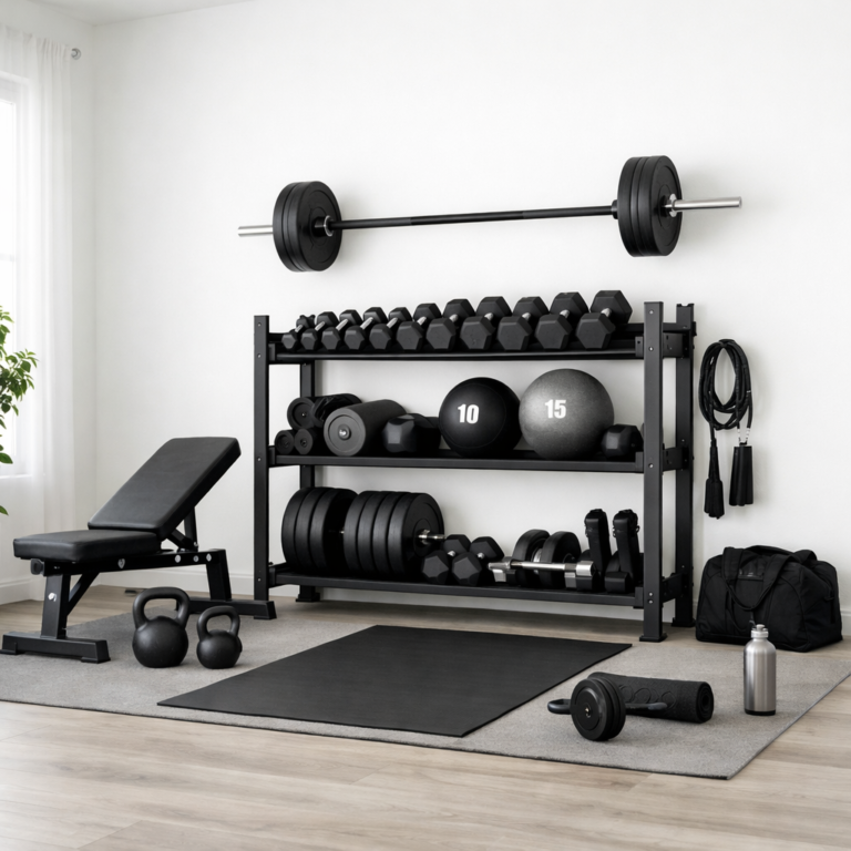 A neatly organized home gym featuring a weight bench, a rack with dumbbells, kettlebells, medicine balls, weight plates, jump ropes, a gym bag, a foam roller, and a water bottle, arranged in a clean, bright room with wooden flooring and a window.