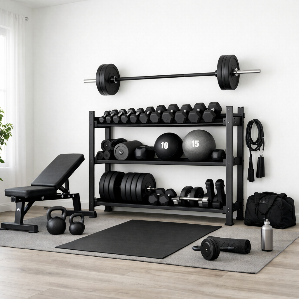 A neatly organized home gym featuring a weight bench, a rack with dumbbells, kettlebells, medicine balls, weight plates, jump ropes, a gym bag, a foam roller, and a water bottle, arranged in a clean, bright room with wooden flooring and a window.