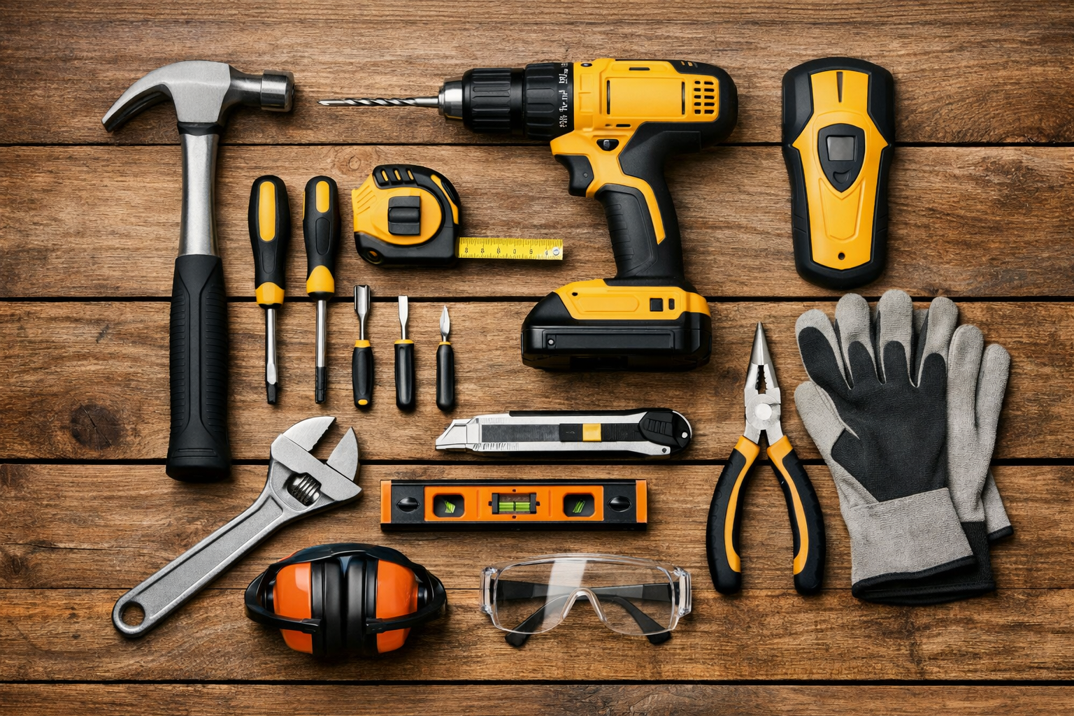 basic tools for home small projects displayed on a wooden table