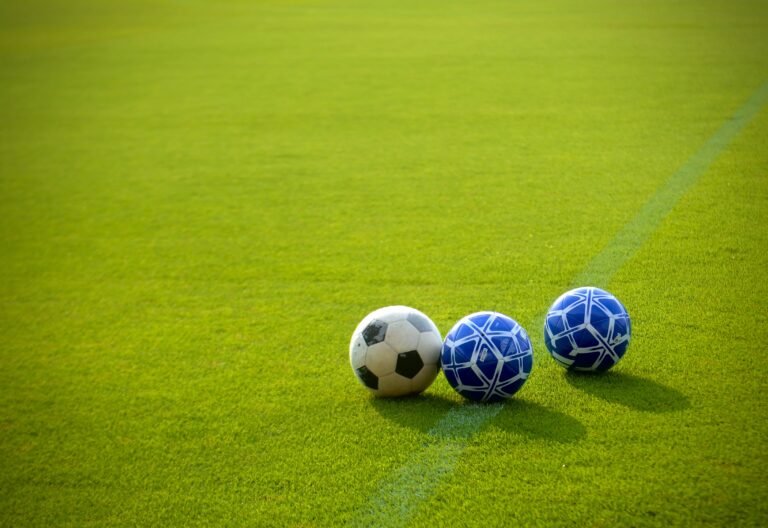 Three soccer balls resting on a green grass field, including one classic black‑and‑white ball and two modern blue‑and‑white designs, with a faint field line visible in the background.