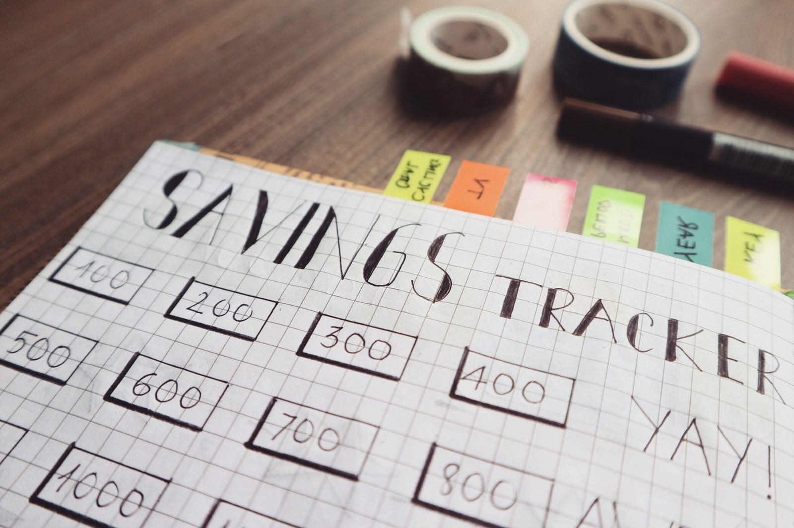 Hand drawn savings tracker on graph paper with numbered boxes from one hundred to one thousand, surrounded by colorful sticky notes, decorative tape, and a black marker on a wooden table.