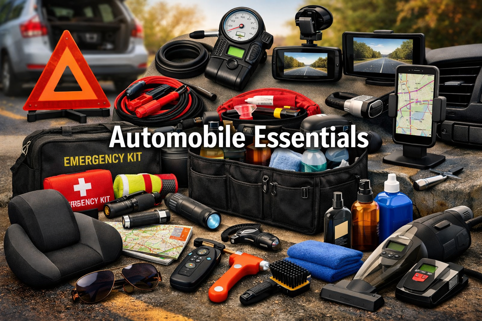 Automobile Essentials collage featuring emergency tools, smart car gadgets, trunk organizers, and cleaning supplies with text overlay Automobile Essentials