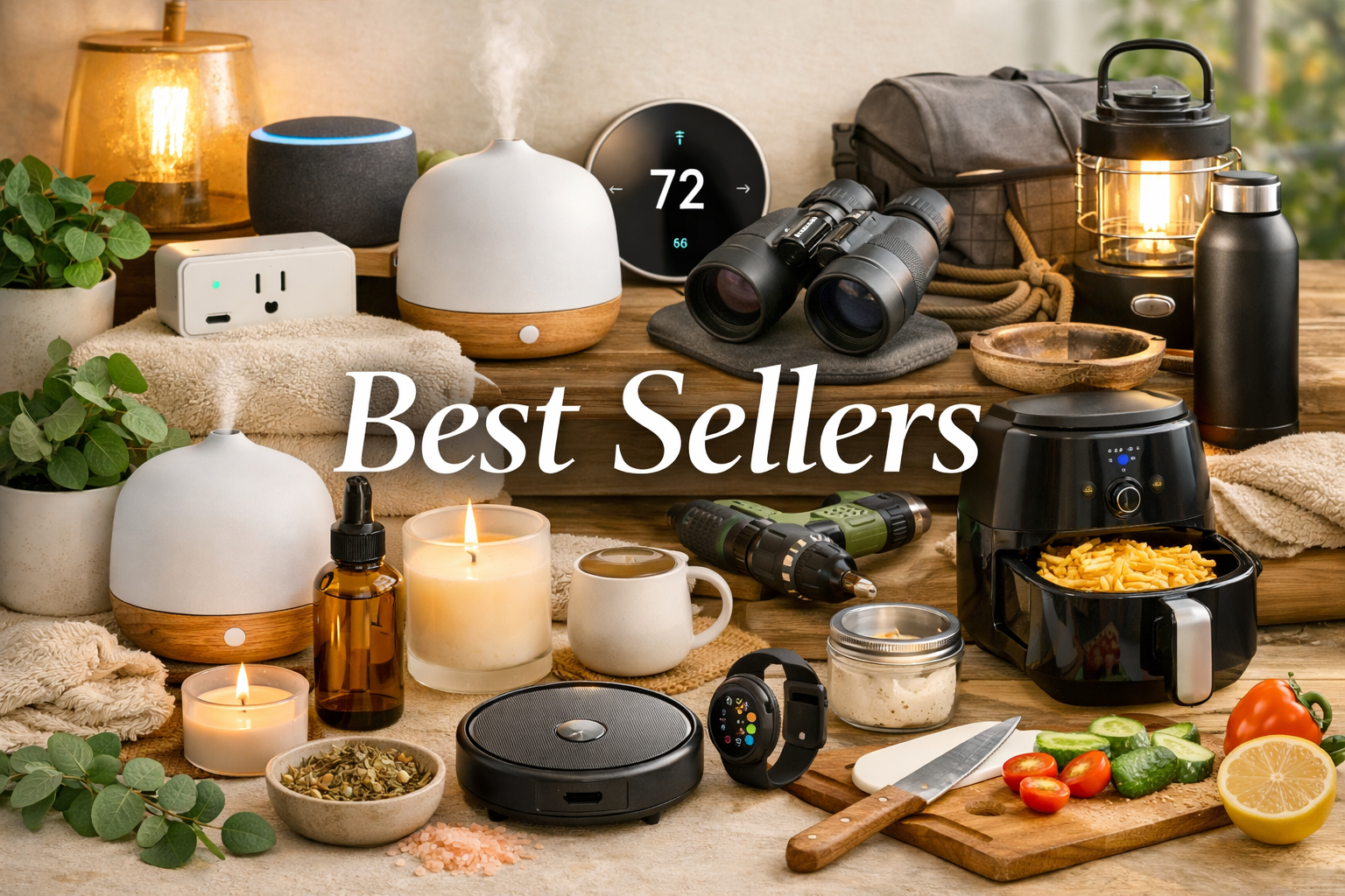 Best Sellers collage featuring smart home devices, wellness essentials, outdoor gear, kitchen gadgets, and text overlay Best Sellers.