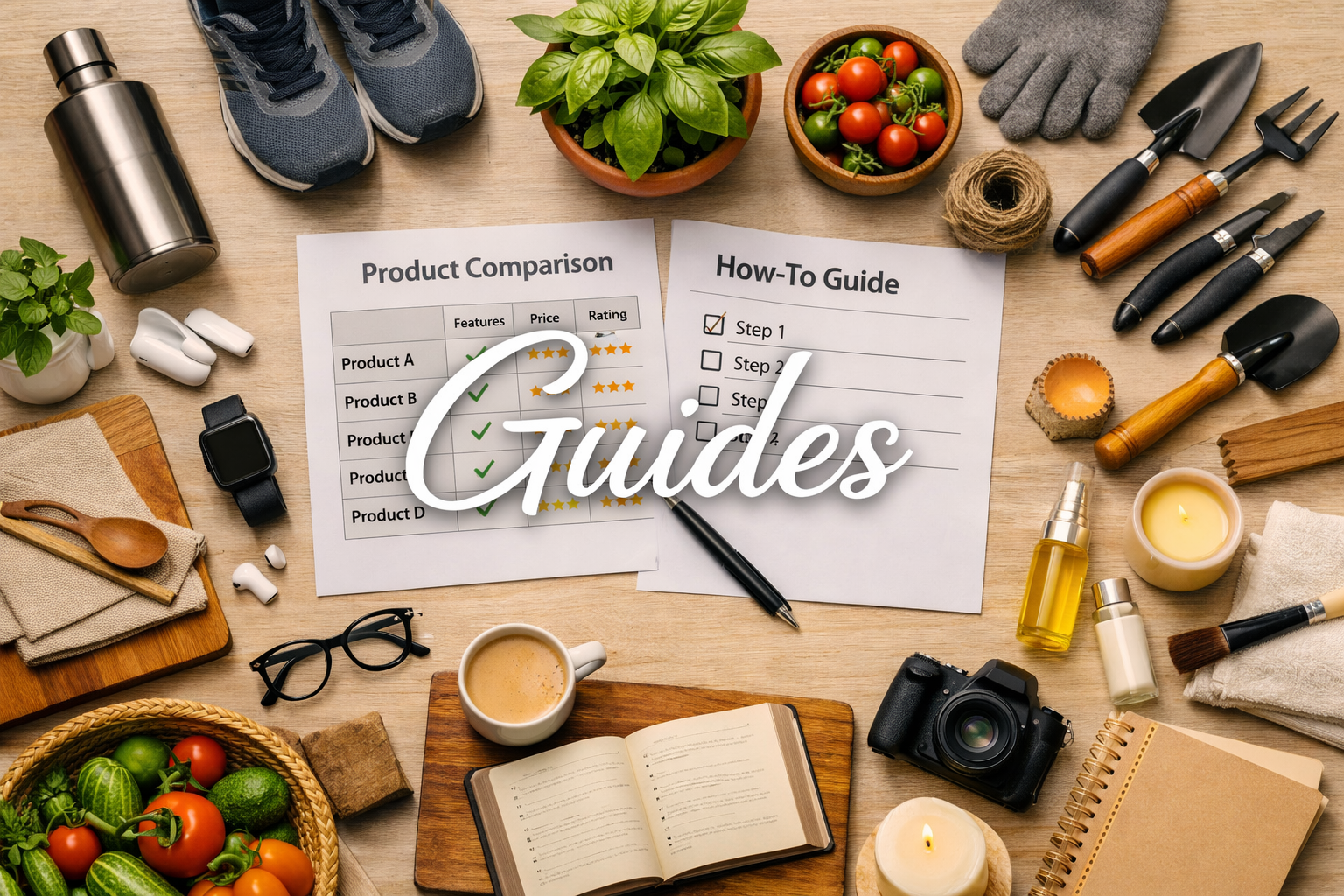 Flat lay of lifestyle items including fitness gear, gardening tools, kitchen essentials, and tech accessories arranged around papers labeled “Product Comparison” and “How‑To Guide,” with the word “Guides” overlaid in elegant white script at the center