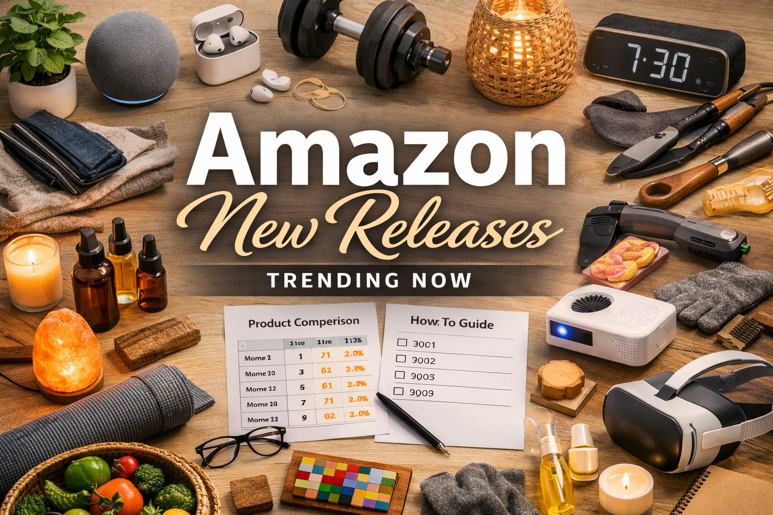 Flat lay of trending home, wellness, outdoor, fitness, and tech products arranged around bold center text reading “Amazon New Releases” with a “Trending Now” overlay.