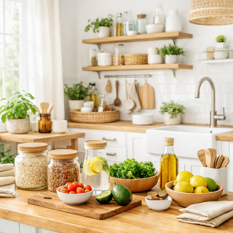 A bright modern kitchen filled with natural sunlight and organic textures. Wooden countertops hold glass jars of oats, lentils, and almonds, a carafe of lemon water, fresh kale, tomatoes, and avocados. Shelves display plants, oils, and ceramics against white walls and subway tiles, creating a clean, cozy, and healthy Organic Living atmosphere.