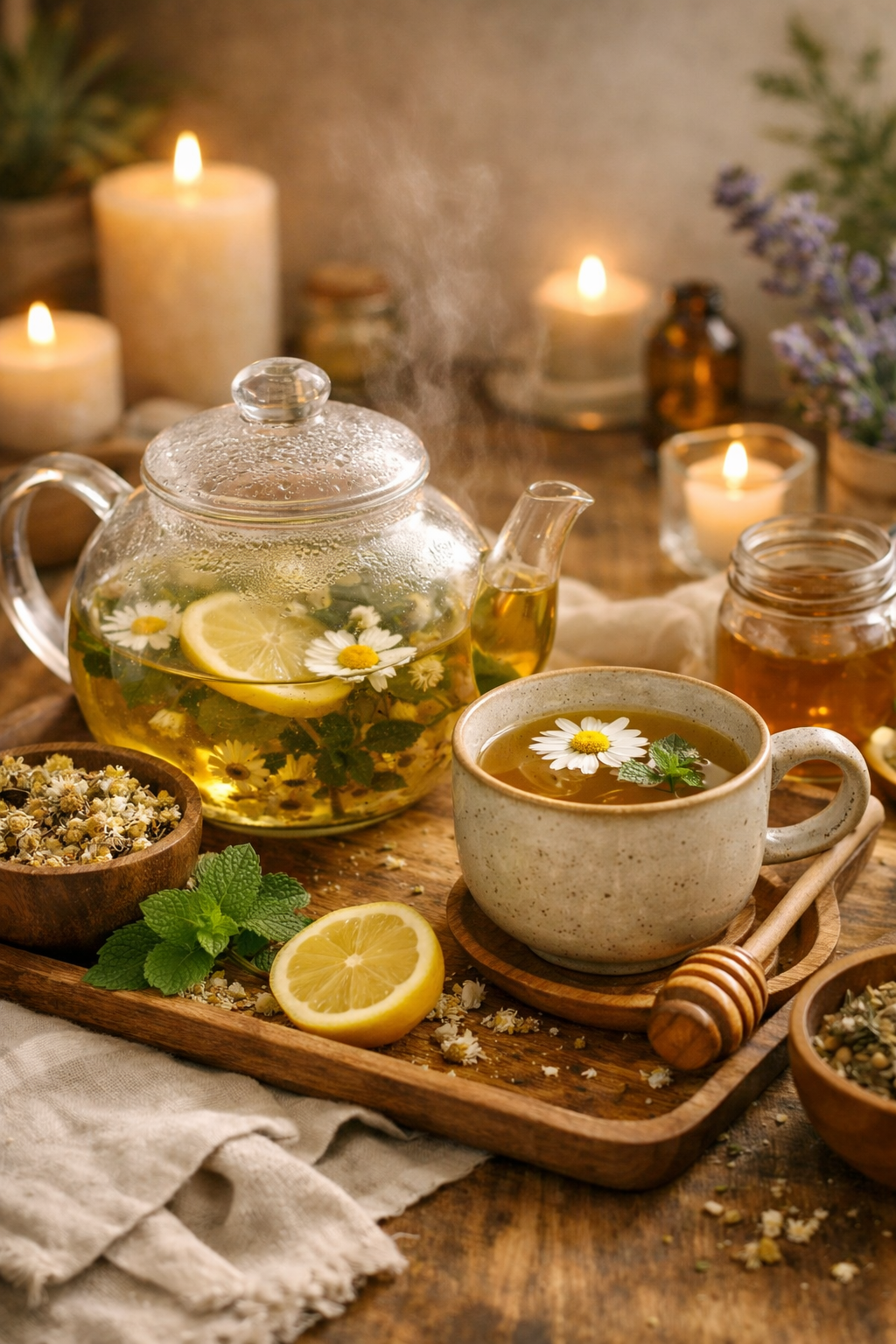 A warm wellness scene featuring a glass teapot filled with herbal tea, a ceramic cup with chamomile and mint, fresh lemon slices, dried herbs, honey, and lit candles creating a calm and soothing atmosphere.