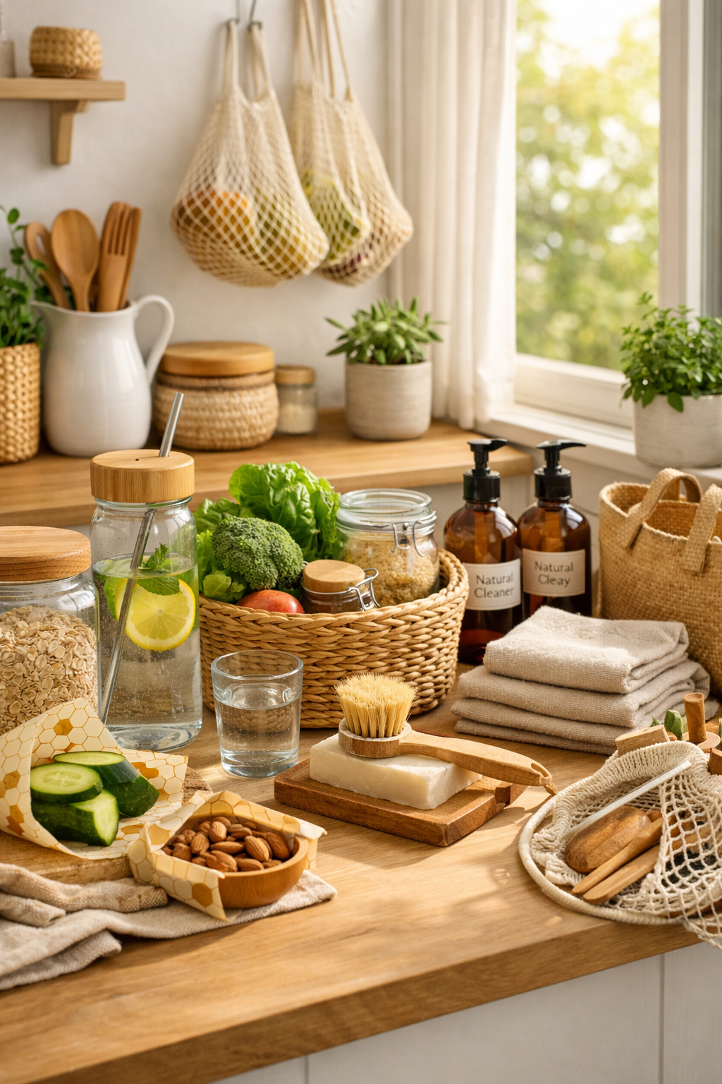 A modern sustainable home scene featuring natural materials, reusable containers, beeswax wraps, fresh vegetables, amber cleaning bottles, and eco friendly tools arranged on a sunlit wooden countertop, creating a calm and intentional lifestyle aesthetic.