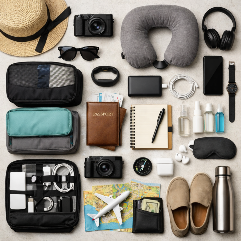 Flat lay of travel essentials for a smooth and stress free trip including a straw hat, sunglasses, camera, neck pillow, smartphone, wristwatch, headphones, packing cubes, passport holder, notebook, charger, toiletry bottles, map, compass, toy airplane, wallet, shoes, and water bottle arranged neatly on a light background.