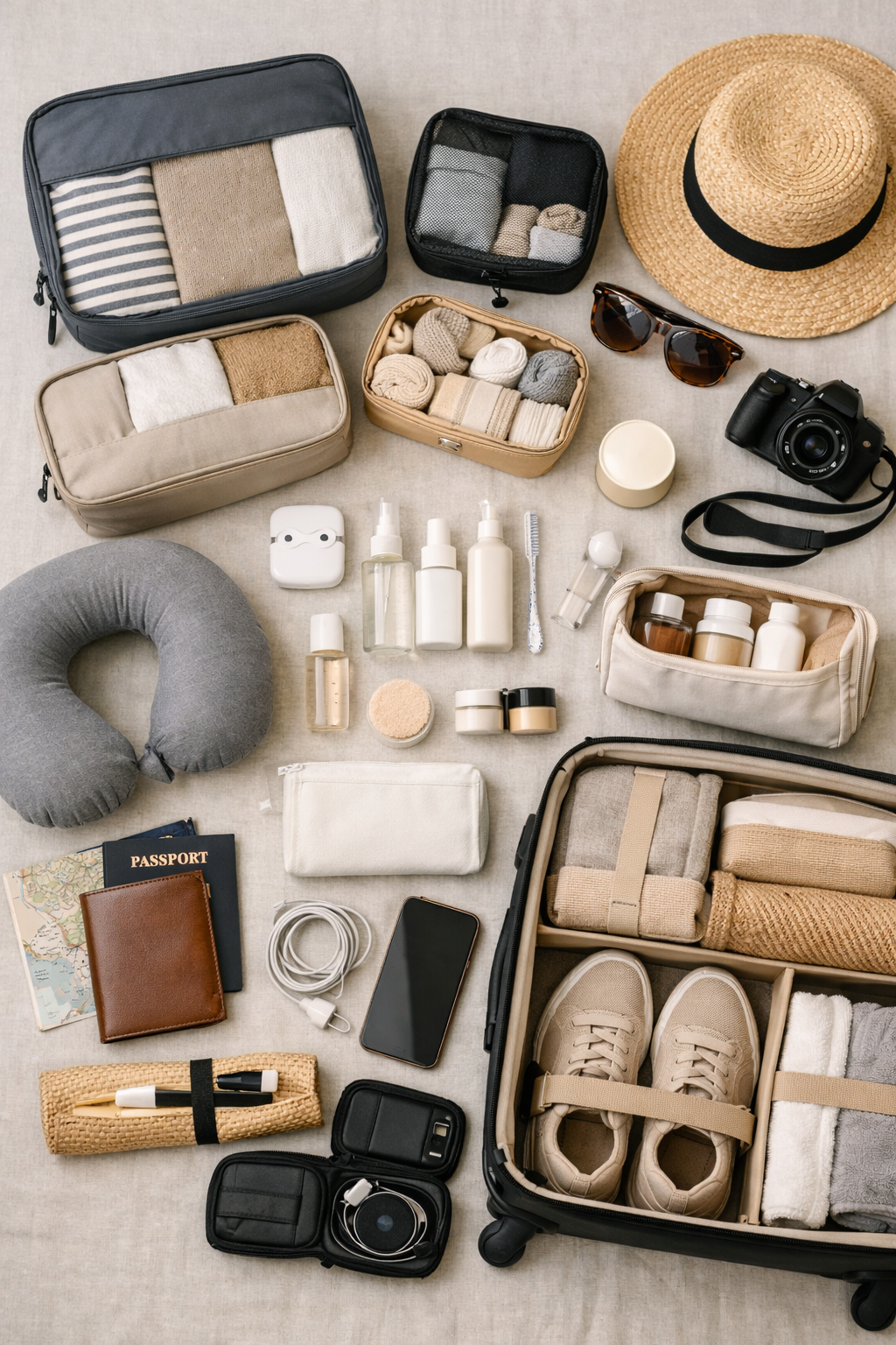 A neatly arranged flat lay of travel essentials including packing cubes, a straw hat, sunglasses, camera, passport holder, toiletry bottles, and a smartphone, illustrating smart packing tips for a stress free trip.