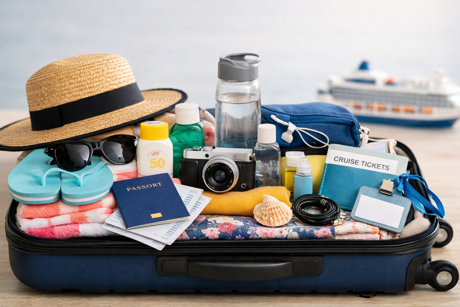 A neatly arranged set of cruise packing essentials on an open suitcase showing what to pack for a cruise, including passport, sunscreen, camera, water bottle, toiletries, and clothing.