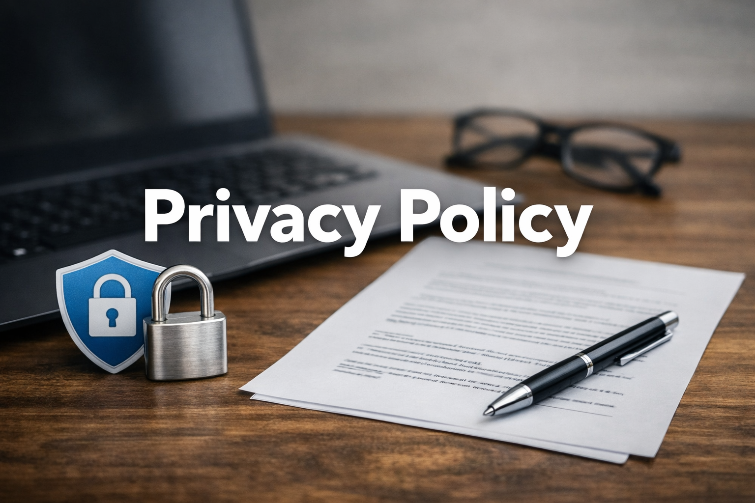 Close‑up of a desk with a silver padlock and blue shield icon beside a printed document labeled “Privacy Policy,” with a pen resting on the paper, a laptop, and eyeglasses in the background