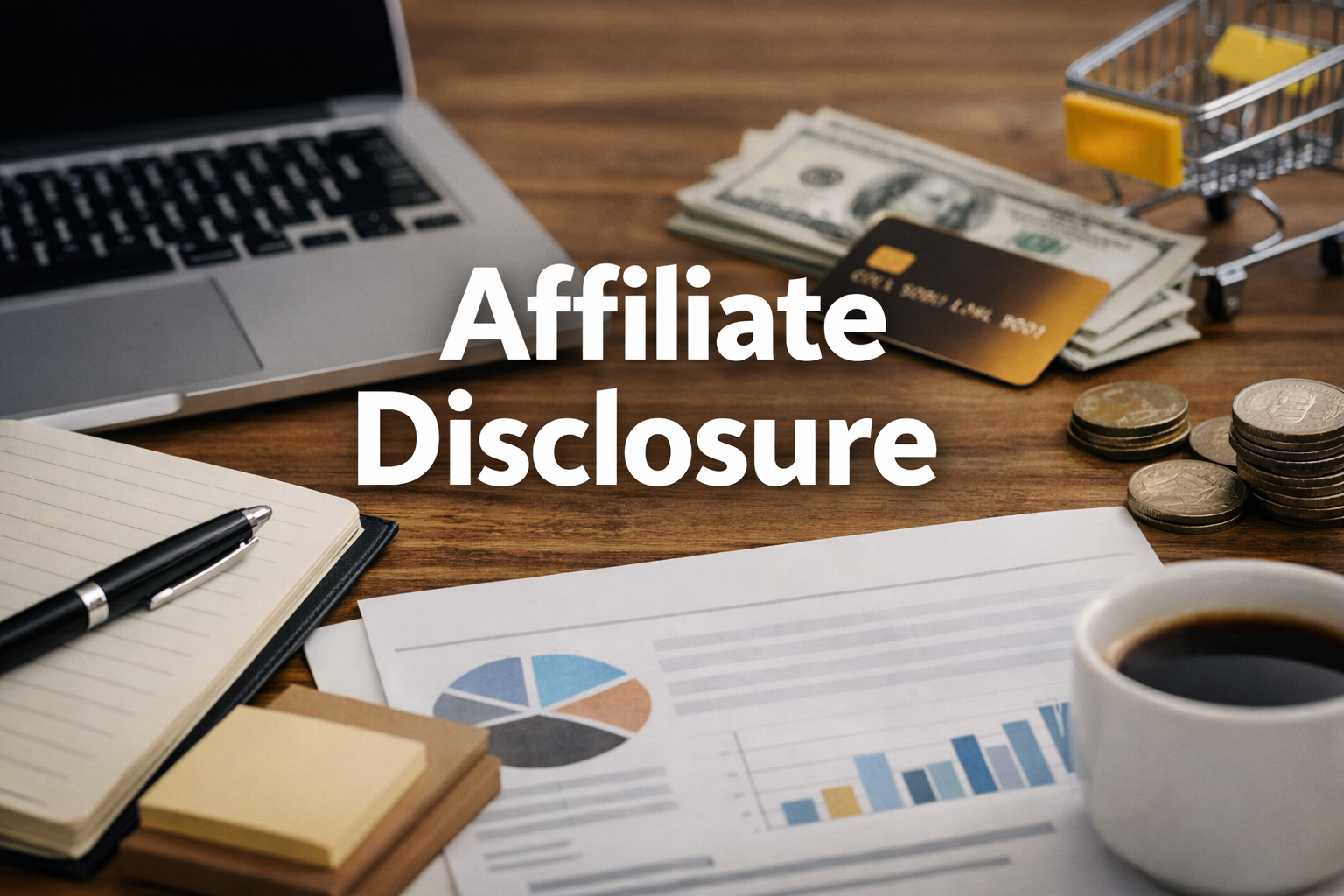 Flat‑lay scene with a laptop, notebook, pen, credit card, cash, shopping cart, calculator, coins, and financial charts arranged on a wooden surface, featuring the centered white overlay text “Affiliate Disclosure” to represent transparency in affiliate earnings.