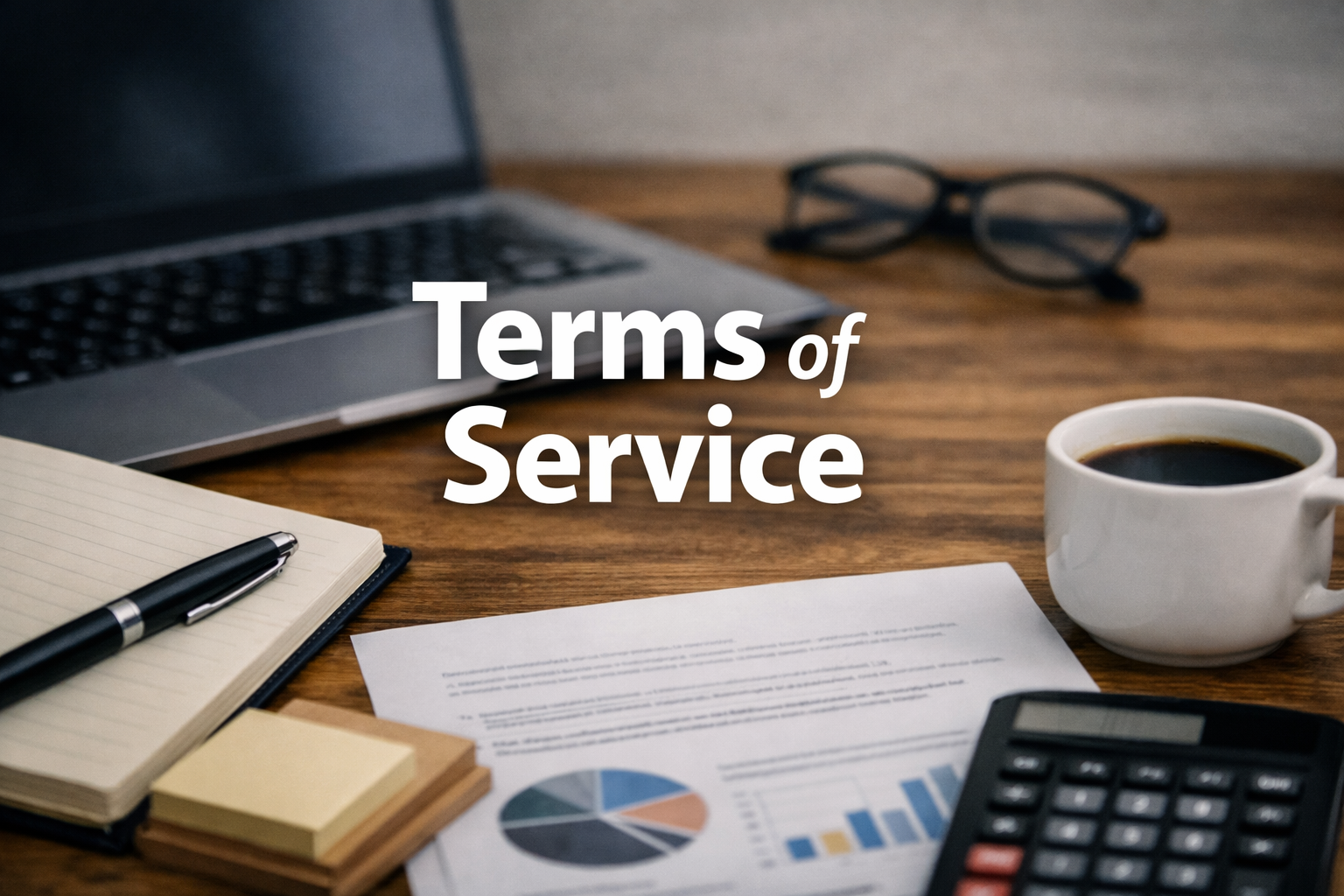 Flat‑lay workspace with a laptop, notebook, pen, reading glasses, and coffee cup on a wooden desk, featuring centered white overlay text “Terms of Service,” symbolizing professionalism, clarity, and website policy documentation.