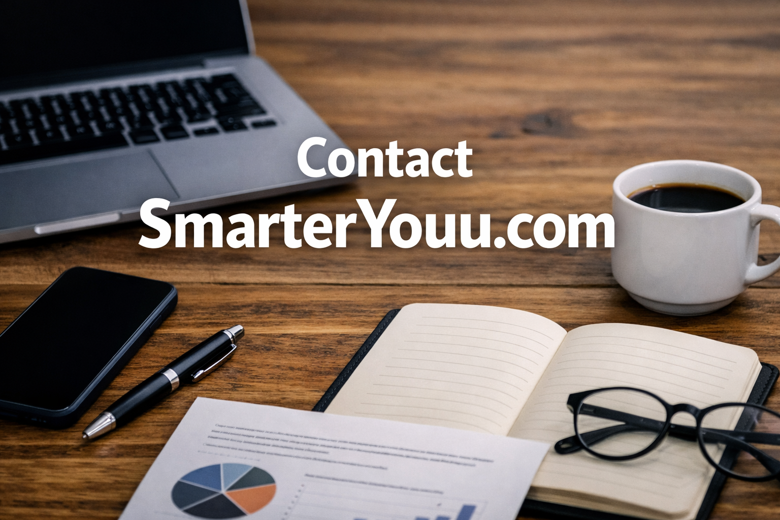 Flat‑lay workspace with a laptop, smartphone, notebook, pen, and coffee cup on a wooden desk, featuring centered white overlay text “Contact SmarterYouu.com,” representing communication, accessibility, and professional support.