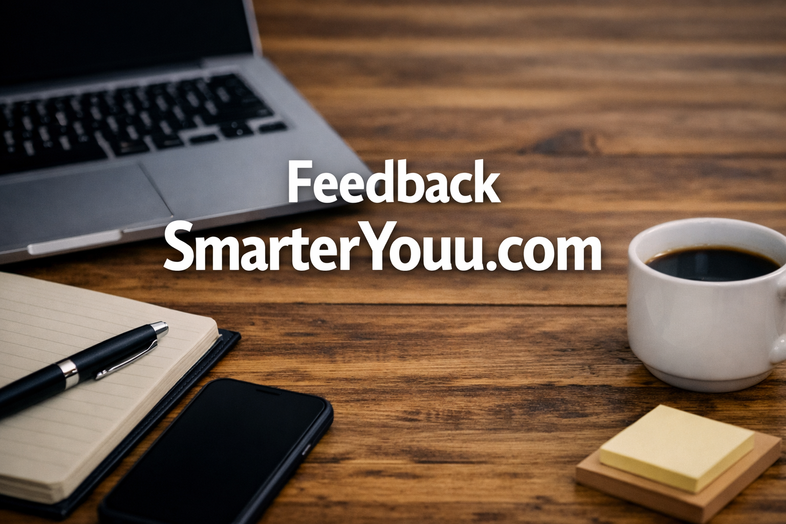Flat‑lay workspace with a laptop, notebook, pen, sticky notes, and coffee cup on a wooden desk, featuring centered white overlay text “Feedback SmarterYouu.com,” representing communication, engagement, and user interaction.