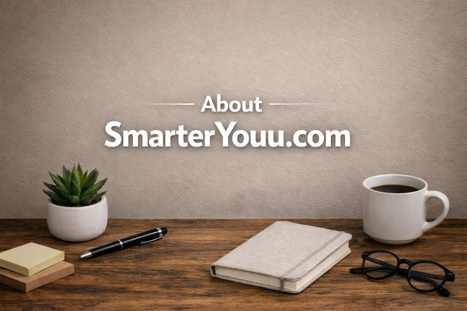 Flat‑lay workspace with a succulent plant, notebook, pen, eyeglasses, and coffee cup arranged on a wooden desk against a beige wall, featuring centered white overlay text “About SmarterYouu.com.” The image uses enhanced contrast with deeper shadows and brighter highlights to emphasize clarity, professionalism, and brand identity.