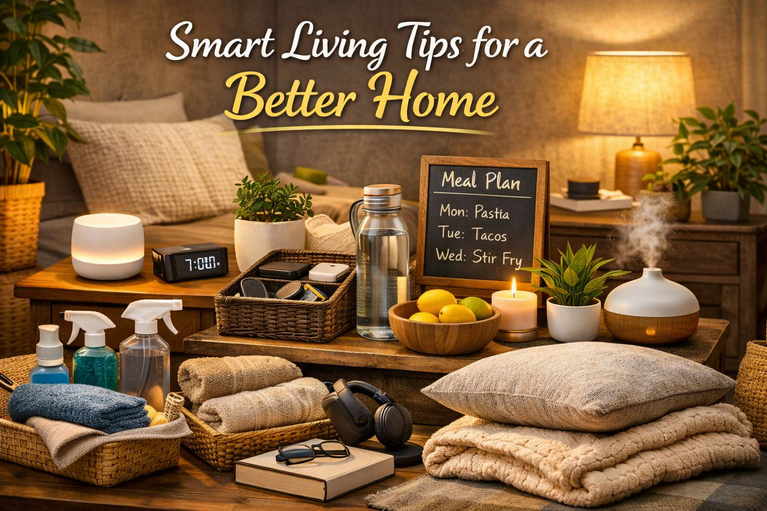 A cozy and organized living space showcasing Smart Living Tips for a Better Home with soft lighting, neatly arranged baskets, a smart home tablet, wellness items and simple daily essentials.