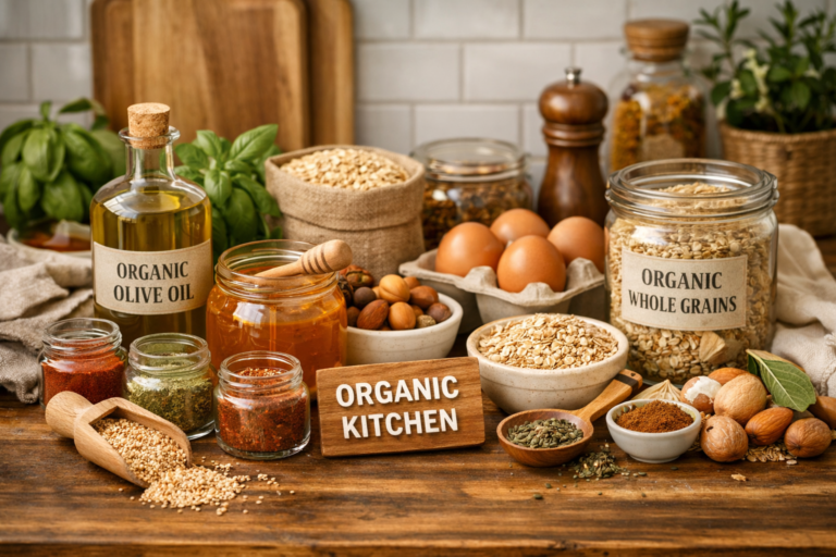 Organic Kitchen Essentials arranged on a warm wooden countertop featuring organic olive oil, spices, herbs, honey and whole grains for clean everyday cooking.