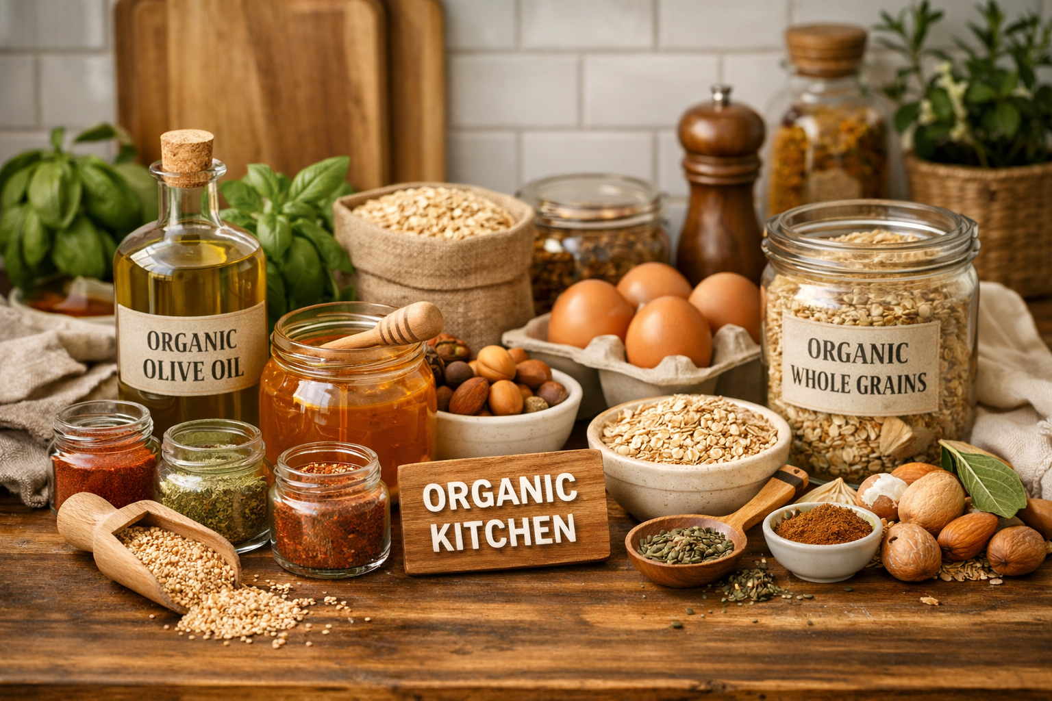 Organic Kitchen Essentials arranged on a warm wooden countertop featuring organic olive oil, spices, herbs, honey and whole grains for clean everyday cooking.