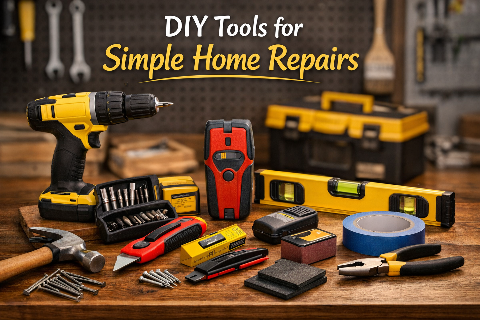 DIY Tools displayed on a wooden table