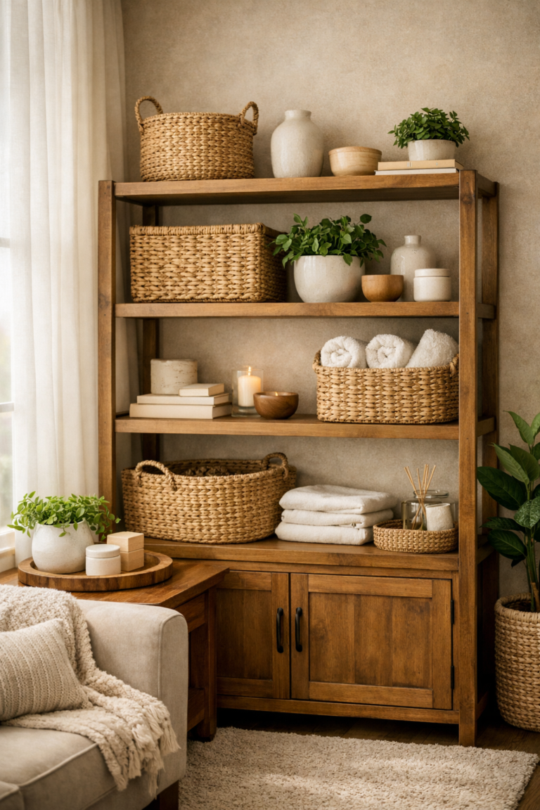 Organized wooden shelving unit with woven baskets, soft natural lighting through sheer curtains, neutral beige décor, indoor plants, and neatly arranged storage items that highlight simple home upgrades for comfort and ease.