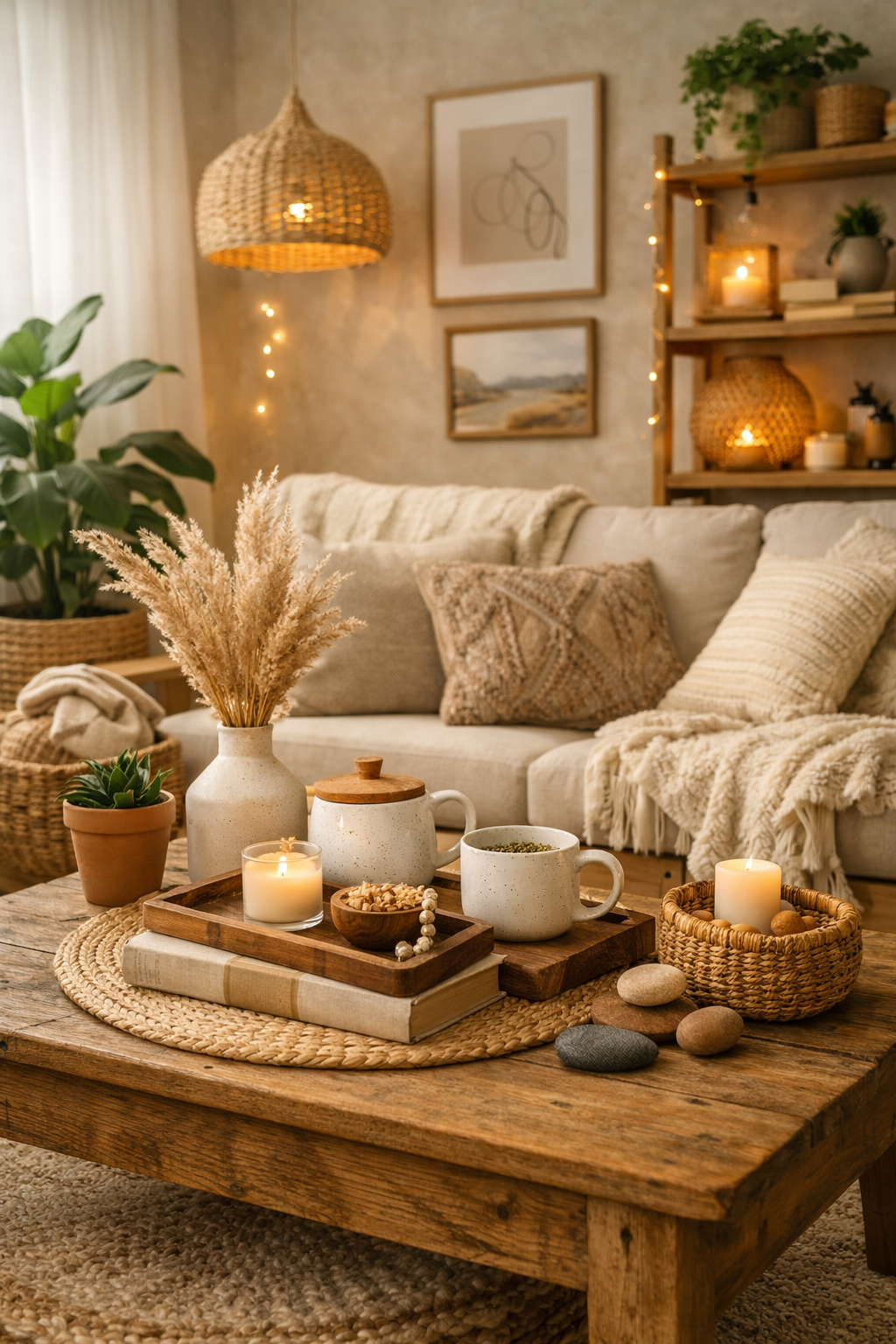 A cozy living room decorated with affordable home décor items featuring a rustic wooden coffee table with candles, books, and a vase of pampas grass. A beige sofa with textured throw pillows and a knit blanket sits in the background, surrounded by plants, woven baskets, and warm lighting that creates a calm, inviting atmosphere.