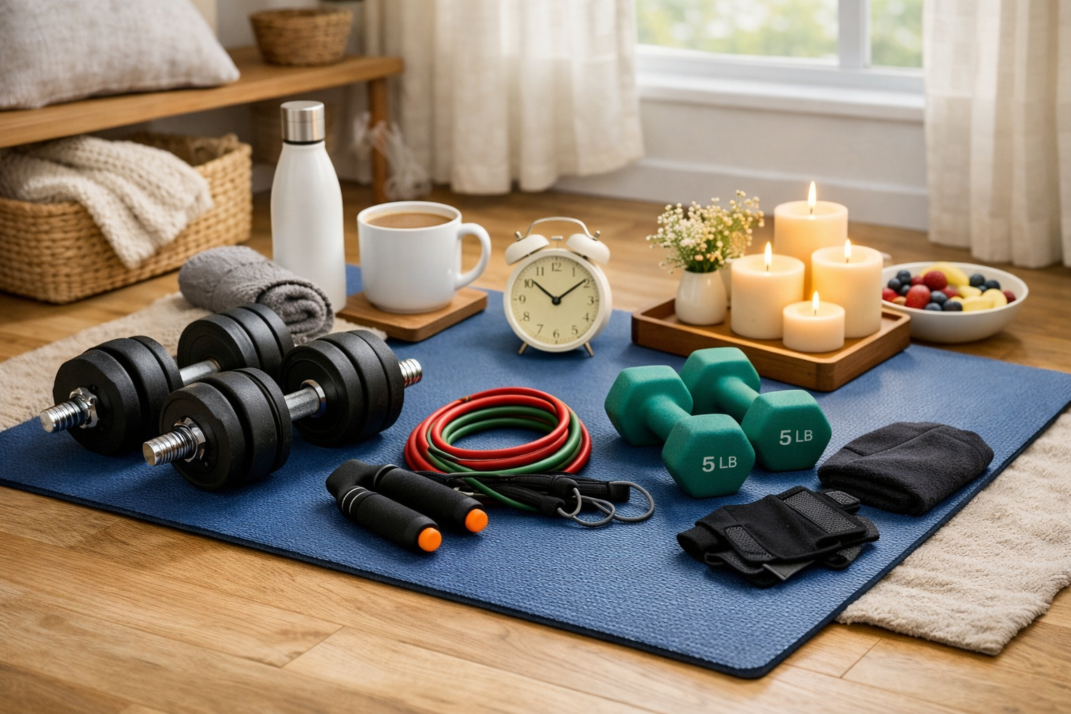 A calm evening home exercise setup with dumbbells, resistance bands, a jump rope, wrist weights, a towel, candles, and a cup of coffee arranged neatly on a blue mat, illustrating Gentle Home Exercises to Relax Before Bed in a peaceful and cozy environment.